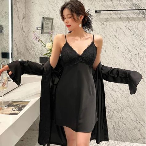 Lace Trim Nightwear Women 2 Pieces Robe&Suspender Nightgown Sexy Sleepwear Backless Nightdress Kimono Bathrobe Gown Lingerie _ - AliExpress Mobile Kimono Bathrobe, Silk Nightgown, Nightwear Women, Night Dress, Nightwear, Night Gown, Lace Trim, Cold Shoulder Dress, Slip Dress