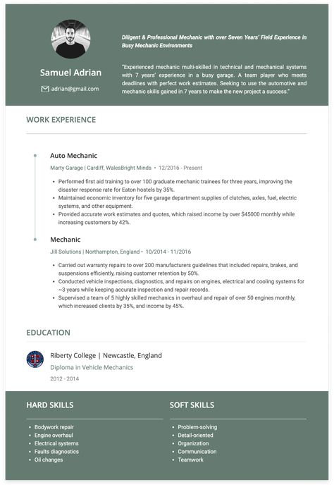 free creative resume template Mechanic Jobs, Resume Summary, Diesel Mechanics, Job Description, Resume Examples, Team Player, Professional Resume, A Team, Education