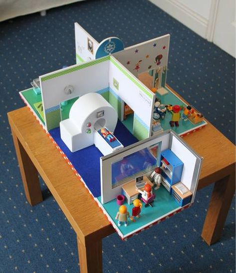 Toy hospital and MRI machine - excellent for use in an emergency department or with a child who does not have an opportunity to take a tour of the hospital and some of the more daunting equipment before being subject to tests and treatments.  This offers a small scale but easy to manipulate "doll house" experience to help a child to gain experience with what will happen to him during his time at the hospital. Hospital Model, Xray Machine, Mri Machine, Medical Play, Used Legos, Child Life Specialist, Play Table, Emergency Department, Toys Dolls