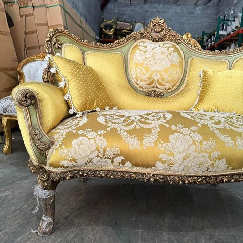 Elegance and comfort assured. Beautiful sofa with new upholstery and gold leaf details. Stunning details. Unique and gorgeous fabric upholstery. In love with the design. Fully refinished in new 24k gold and padding.  Dimension: 54”W x 39”H x 32”D, floor to seat 18”. Versailles Decor, Royal Sofa Design, Golden Sofa, Bollywood Hair, Rococo Sofa, Golden Sofas, French Living Room Decor, Victorian Couch, Pink Carousel