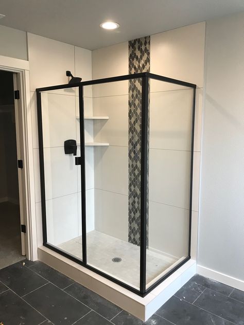 Shower Doors With Black Trim, Shower Door With Black Trim, Black Trim Shower Enclosure, Black Shower Insert, Black Trim Shower Door, Black Shower Door Frame, Big Shower, Black Shower Doors, Philippines House Design