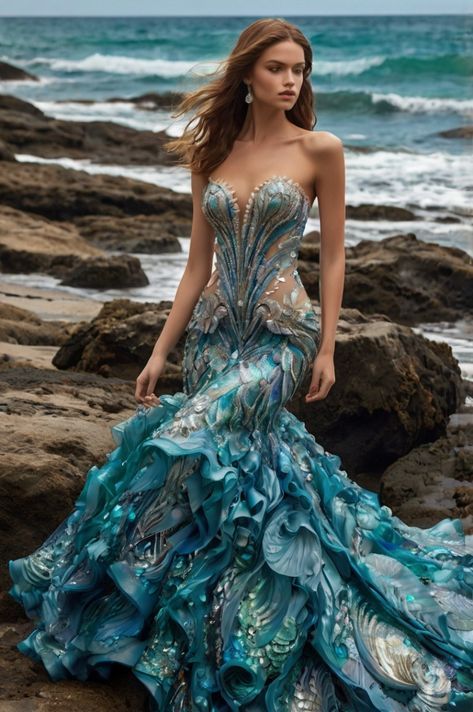 Ocean Ball Gown, Ocean Goddess Dress, Most Beautiful Dresses In The World, Ocean Theme Dress, Mermaid Theme Dress, Mythical Dresses, Ocean Inspired Dress, Ocean Themed Dress, Water Dresses