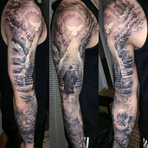 #Tattoo by #TattoocynProTeam Artist Tamás Kőbán Stigmata @stigmata_tattoo Artists and studios want to try Tattoocyn AfterCare - http://ift.tt/2bRIKwK Latest post from our Instagram Account @tattoocyn Stigmata Tattoo, Stairs To Heaven Tattoo, Stairway To Heaven Tattoo, Religious Tattoo Sleeves, Heaven Tattoo, Sky Tattoos, Biblical Tattoos, Tattoo Artists Near Me, Catrina Tattoo