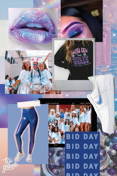 Space Bid Day, Bid Day Ideas, Holographic Aesthetic, Sorority Themes, Fraternity Tshirts, Sorority Merchandise, Bid Day Shirts, Space Cowgirl, Sorority Bid Day