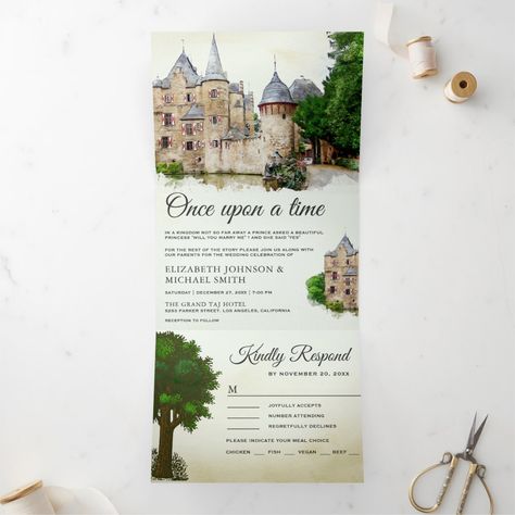 Story Book Wedding, Story Book Wedding Invitations, Rose Gold Foil Invitations, Parchment Background, Fairy Tale Theme, Storybook Wedding, Gold Foil Invitation, Fairytale Castle, Foil Invitations