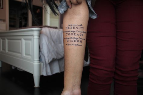 Serenity Prayer tattoo forearm. Serenity Courage. Wisdom. Serenity Prayer Tattoo Design, Serenity Prayer Tattoo, Serenity Tattoo, Wisdom Tattoo, Serenity Courage Wisdom, Prayer Tattoo, Forearm Tattoo Quotes, Praying Hands Tattoo, Birthday Tattoo