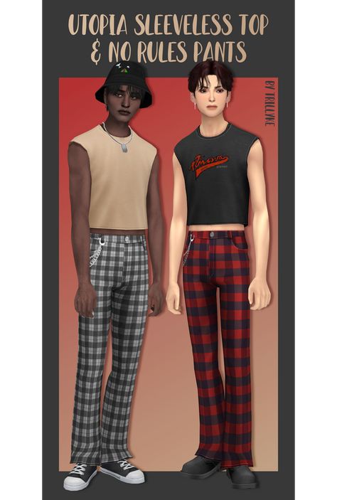 Utopia Sleeveless Top & No Rules Pants | Trillyke on Patreon Men Crop Top, Sims 4 Men Clothing, Sims 4 Male Clothes, Mens Crop Top, Sims 4 Mm Cc, Sims 4 Cc Folder, Sims 4 Mm, Sims4 Clothes, Sims 4 Cc Packs