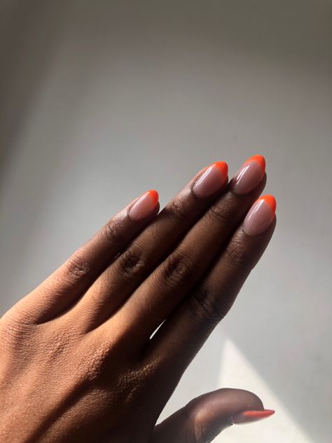 Almond shaped short  Orange French tips nails Cute Acrylic Nails French, Cute Acrylic Nails French Tip, Dark Orange Short Nails, Dark Orange Almond Nails, Orange French Tips Nails, Almond Nails Orange French Tip, Oval Orange French Tip Nails, Almond Shape Orange French Tip, Orange French Tips