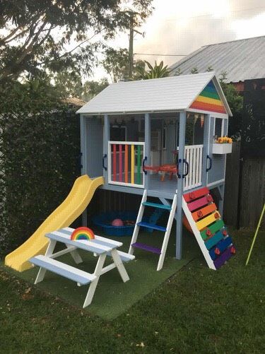 Kids Timber Cubby House - Hide & Seek Kids - Brisbane based - Kids Rule our World! Afterpay Available - Big Range - Family Business - Cool Cubby House - Play House - Cubby Hacks - Cubby Designs - Styling - Kids Play - Outdoor Play Kids Cubby Houses, Kids Cubbies, Play Area Backyard, Backyard Playhouse, Build A Playhouse, Tree House Kids, Diy Playground, Cubby House, Kids Outdoor Play