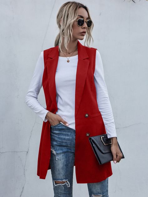 Red Gilet Outfit Women, Red Vest Outfits For Women, Blazer Without Sleeves, Long Vest Outfits For Women, Red Vest Outfit, Gilet Outfit Women, Long Vest Outfit, Vest Outfit Women, Gilet Outfit