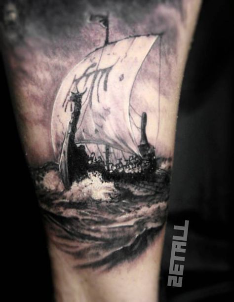 Viking ship tattoo on the inner arm.                                                                                                                                                                                 More Vikings Ship Tattoo, Viking Longship Tattoo, Longship Tattoo, Arlo Tattoo, Viking Ship Tattoo, Community Tattoo, Tattoo Avant Bras, Viking Warrior Tattoos, International Tattoo