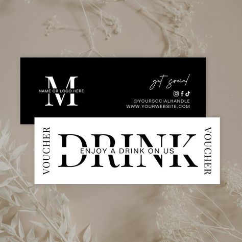 Minimalist Business Logo Corporate Drink Voucher Mini Business Card - Sympathy Tokens gifts Drink Voucher Design, Black And White Event, Drink Voucher, Restaurant Vouchers, Voucher Design, Business Card Minimalist, Mini Business Card, Mini Business, Minimalist Business Logo