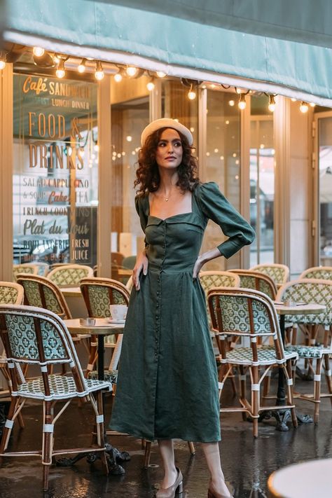 Style For Autumn, Estelle Dress, Green Linen Dress, Vintage Inspired Dresses, Linen Style, Color Dress, Inspired Dress, Classy Dress, Event Dresses