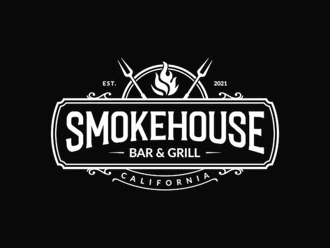 Vintage smokehouse bbq barbecue barbeque... | Premium Vector #Freepik #vector #sausage-logo #steak-logo #grill #barbeque Bar And Grill Logo, Grill Logo Design, Resturant Logo, Grill Logo, Business Branding Design, Corporate Logo Design, Logo Design Set, Bar And Grill, Hotel Logo