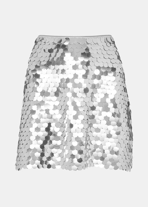 Silver Sequin Disc Mini Skirt | WHISTLES | Vibe Classic, Classic Mini Skirt, Ultimate Capsule Wardrobe, Slip Skirts, A Line Mini Skirt, Vintage Vibe, Black Mini Skirt, Silver Sequin, Wool Skirts