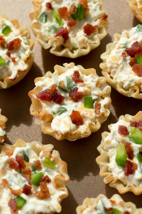 Popper Bites, Football Finger Foods, Jalapeno Bites, Jalapeno Popper Bites, Phyllo Shells, 2024 Meals, Nacho Toppings, Entertaining Appetizers, Phyllo Cups