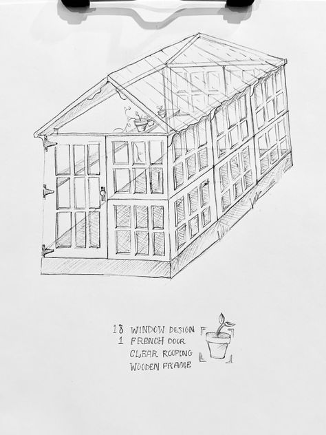 Custom DIY greenhouse sketch made from 1930s windows drawn by Piper Free How To Draw A Greenhouse, Greenhouse Drawing Simple, Greenhouse Drawing, Greenhouse Sketch, Green House Drawing Sketch, Greenhouse Illustration Art, Window Drawing, Diy Greenhouse, Building Art