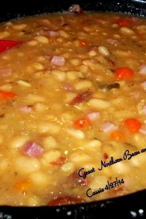 Great Northern Bean N Ham Soup / Crock Pot Northern Bean Soup, Soup Crock Pot, Ham Soup Recipes, Navy Bean Soup, Beans In Crockpot, Crock Pot Recipe, Soup Beans, Navy Bean, Ham Soup