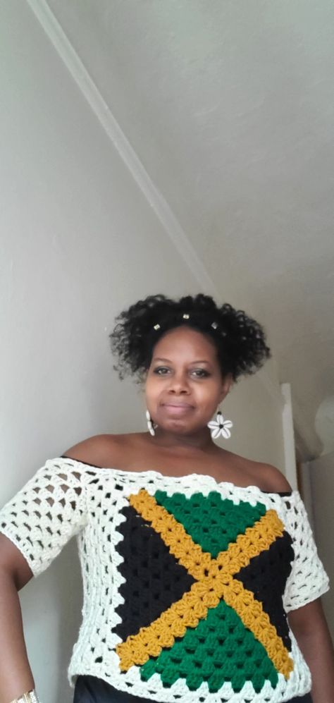 Jamaican Crochet, Jamaican Flag, Jamaica Flag, Fun Crochet, Crochet Granny Square, Fun Crochet Projects, Tapestry Crochet, Crochet Granny, Off The Shoulder Top