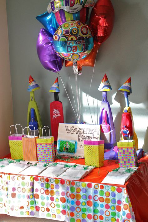 Vacuum display. Toy vacuums with hats, vacuum bag party favor bags, Vacuum Party sign. Vacuum Birthday Party Theme, Cleaning Birthday Party Theme, Vacuum Themed Birthday Party, Vacuum Cleaner Birthday Party, Vacuum Birthday Party, Vacuum Bag, Birthday Stuff, Party Sign, Toddler Birthday