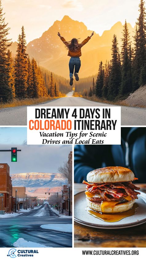 A person joyfully jumping on a scenic mountain road, a snow-covered street, and a close-up of a bacon cheeseburger, highlighting a Dreamy 4 Days in Colorado Itinerary with scenic drives and local eats. Colorado Itinerary Summer, Colorado Itinerary, Colorado Vacation, Vacation Tips, Colorado Travel, Four Days, Rocky Mountain National, Rocky Mountain National Park, Scenic Drive