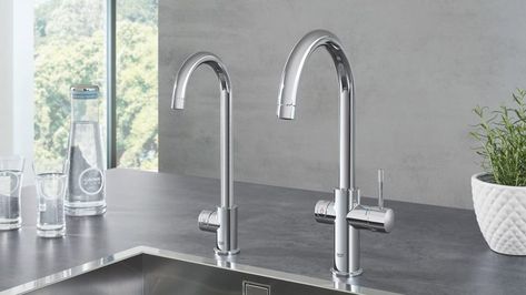 Grohe's Blue Home and Red taps provide instant boiling or sparkling water Black Kitchen Faucets, Blue Home, Home Black, Bath Taps, Red Door, Water Design, Stylish Kitchen, Bath Fixtures, Sparkling Water