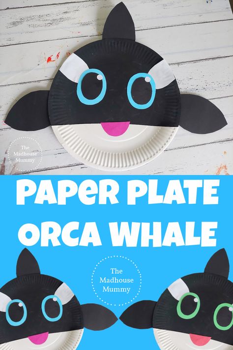 Sea Animal Preschool Craft, Ocean Week Preschool Crafts, Paper Plate Under The Sea Crafts, Ocean Animal Paper Plate Craft, Dolphin Paper Plate Craft, Easy Whale Craft, Orca Crafts For Preschool, Under The Sea Themed Crafts, Ocean Prek Crafts