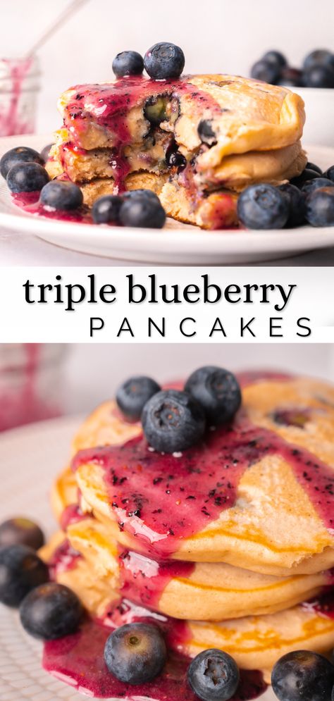 Make thick, fluffy, and delicious blueberry pancakes from scratch with this easy recipe and homemade blueberry sauce. Perfect for a weekend breakfast or brunch, these triple blueberry pancakes are a family favorite. | blueberry pancakes with blueberry sauce | easy blueberry sauce for pancakes | best blueberry pancakes from scratch easy | how to make blueberry pancakes from scratch | blueberry buttermilk pancakes from scratch Pancakes From Scratch Easy, Blueberry Sauce For Pancakes, Best Blueberry Pancakes, Buttermilk Pancakes From Scratch, Sauce For Pancakes, Pancakes With Blueberry Sauce, Fluffy Banana Pancakes, Buttermilk Blueberry, Blueberry Buttermilk Pancakes