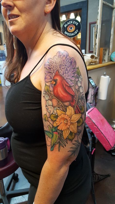 Cardinal.  Hummingbird.  Flowers. Cardinal Half Sleeve Tattoo, Hummingbird And Cardinal Tattoo, Cardinal And Hummingbird Tattoo, Cardinal With Flowers Tattoo, Cardinal And Flower Tattoo, Granny Tattoo, Small Cardinal Tattoo, Dogwood Flower Tattoos, Cardinal Tattoo