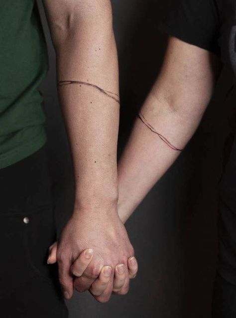 Matching Line Tattoos Couples, Matching Wave Tattoos Couples, Minimalist Tattoos For Couples, Couple Connecting Tattoos, Wave Couple Tattoo, Matching Bracelet Tattoos, Forearm Line Tattoos For Women, Fun Couple Tattoos, Abstract Matching Tattoos