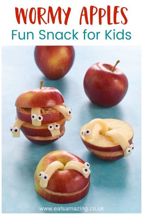 Fun and easy snack idea for kids - these wormy apples are great for after school snacks or fun healthy party food Fun Apple Snacks, Apple Snack Recipes, Healthy Halloween Party Food, Apple Food, Autumn Composition, Sliced Apple, Kids Halloween Food, Apple Snacks, Halloween Party Food