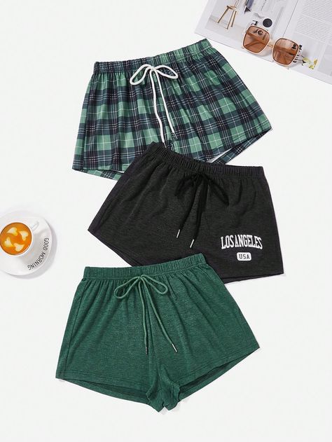 3pcs Plaid & Letter Graphic Drawstring Waist Lounge Shorts Multicolor Casual-Young    Letter,Plaid Lounge Shorts Slight Stretch All Women Sleep & Lounge, size features are:Bust: ,Length: ,Sleeve Length: Cute Pj Shorts, Cute Pajama Shorts, Short Pjs, Country Outfits Women, Adrette Outfits, Sleepwear Women Pajamas, Cute Pajama Sets, Pj Shorts, Casual Preppy Outfits