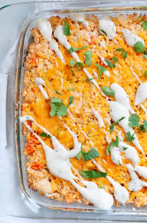 Buffalo Chicken Casserole With Cauliflower - Erin Lives Whole Chicken Cauliflower Casserole, Erin Lives Whole, Cauliflower Rice Casserole, Healthy Chicken Casserole, Favorite Casserole Recipes, Buffalo Chicken Recipes, Buffalo Chicken Casserole, Homemade Buffalo Sauce, Favorite Casseroles