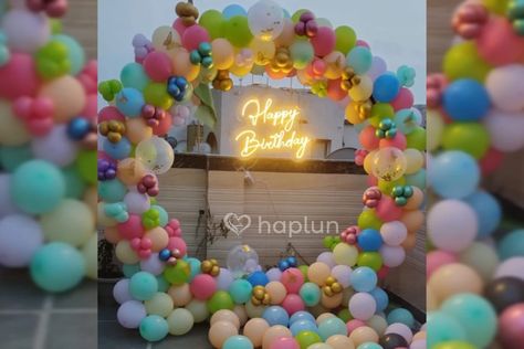 Make a your celebration more colorful with this pastel balloon decoration of ring set up. Sequin Curtains, Curtain Backdrops, Arch Decoration, Metallic Balloons, Pastel Balloons, Iron Ring, Birthday Ring, Confetti Balloons, Helium Balloons