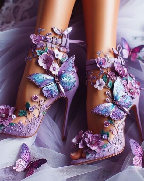 lavender fairy vibes 🧚🏽‍♂️🦋🌸 Fantasy Heels, Purple Butterfly Wings, Lavender Fairy, Art Costumes, Fantasy Shoes, Whimsical Shoes, Princess Fantasy, Magic Shoes, Bling Heels