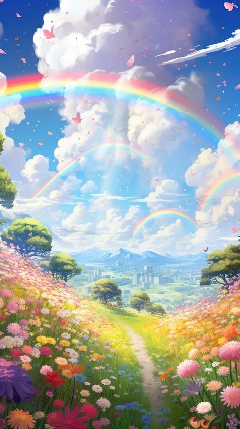 Joyful rainbow landscape outdoors scenery.  | premium image by rawpixel.com / Ling Spring Anime, Rainbow Landscape, Discord Channels, Spring Background, Wallpaper Iphone Wallpaper, Rainbow Wallpaper, Open Your Eyes, Mobile Wallpaper, Creative Studio