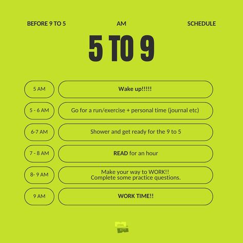 The “5 to 9” schedule before your “9 to 5” . It’s tough to juggle everything, especially working fulltime and studying. This schedule can be transformative for productivity and well-being. The early hours of the day (5:00 AM to 9:00 AM) can be used not only for SQE prep but for personal growth, hobbies, or side projects before starting your full-time job. Comment if you’ll like a 5 to 9 PM Schedule . . . . #LegalBits #SQEExam #Study #Studygram #PersonalGrowth #Law #work #5to9before9to5 9 To 5, Full Time Job, Full Time Work, Full Time, Well Being, Personal Growth, Hobbies, The Day, Quick Saves