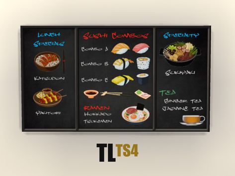 Sims4 Restaurant Cc, Korean Menu, Chinese Food Menu, Sims 4 Restaurant, Asian Wall Decor, Chinese Menu, Sushi Menu, Sims 4 Tsr, Japanese Menu