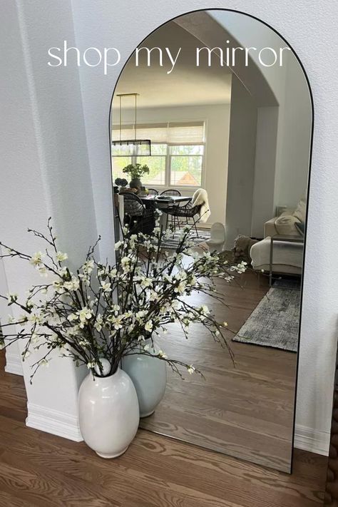 Mirror Master Room, Entry Way With Full Length Mirror, Big Mirror In Dining Room Ideas, Bedroom Decor Mirrors Long, Mudroom Mirror Ideas, Full Length Mirror Entryway Foyers, Arched Full Length Mirror Living Room, Full Length Mirror In Entryway Foyer Ideas, Tall Mirror In Dining Room