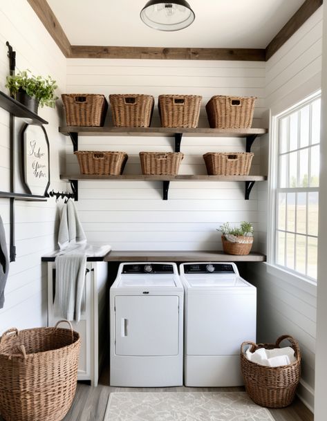 47 Creative Laundry Room Ideas to Elevate Your Wash Space Storage Room Laundry Room Ideas, Ranch Laundry Room Ideas, Laundry Room Inspo Farmhouse, Black And Brown Laundry Room, Modern Farmhouse Laundry Room Design, White Cabinet Laundry Room, Wash Room Ideas, Small Laundry Area Ideas, Brown Laundry Room