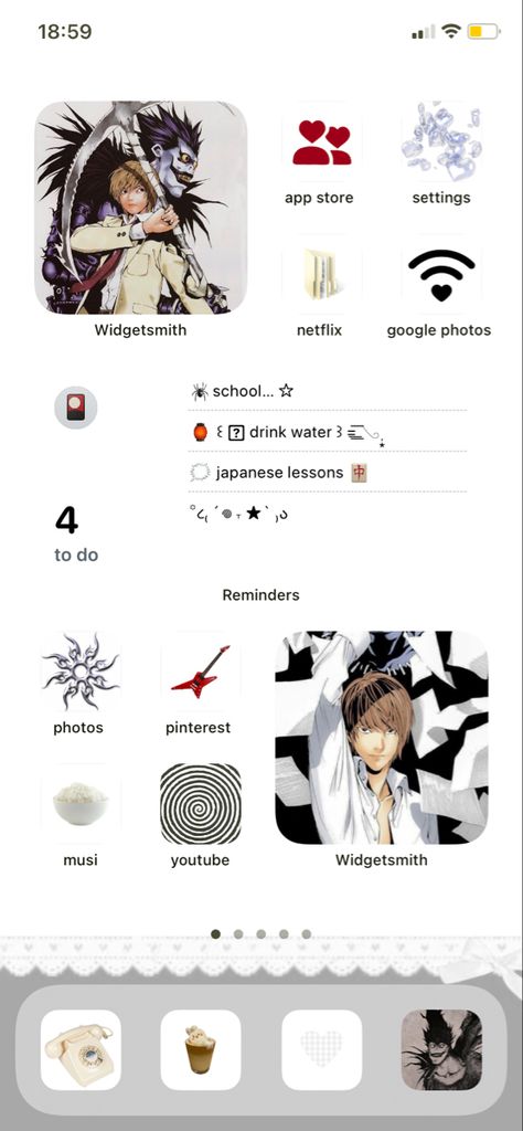 Nana Phone Layout, Jjk Themed Phone, Misa Phone Theme, Anime Themed Iphone Home Screen, Deathnote Homescreen Layout, Ios Phone, Ios App Iphone, Iphone Home Screen Layout, Ios Design