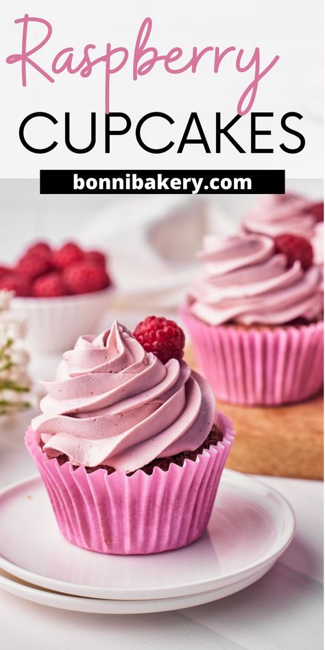 These Raspberry Cupcakes have a super-strong raspberry flavor and it all comes from using real raspberries! There is raspberry cake, raspberry filling and a raspberry frosting. The recipe has no artificial flavoring and tastes tart and sweet - perfect for spring baking! They have a naturally pink color from the raspberries, the filling is a raspberry sauce made from scratch which is also used to flavor the cupcakes and frosting. The frosting is a raspberry Russian buttercream - super glossy! Pink Cupcakes Recipe, Gluten Free Raspberry Cupcakes, Vanilla Cupcakes With Raspberry Filling, Raspberry Desserts Easy Simple, Rasberry Cake Filling Easy, Flavored Cupcakes Ideas, Favorite Cake Recipes, Raspberry Almond Cupcakes, Raspberry Cupcakes Recipes