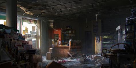 ArtStation - Abandoned convenience store, Wanxing Wang Environment Projects, Apocalypse World, Cafe Concept, Game Environment, Perspective Art, Scene Art, Environmental Design, Environment Concept Art, Super Happy