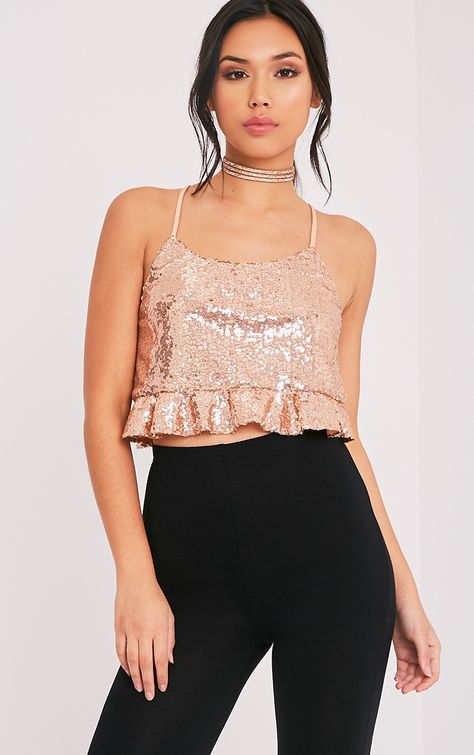 Rose Gold Brunch, Pink Sparkly Top, Rose Gold Sequin Top, Pink Sequin Top, Rose Gold Top, Preppy Tops, Crop Top Pink, Sparkly Top, Office Dresses For Women