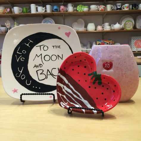 Valentine's Day pottery painting ideas from our staff! Valentines Ceramic Ideas, Pottery Painting Couple Ideas, Couples Pottery Painting Ideas, Pottery Painting Ideas Couples, Valentine Pottery Painting Ideas, Valentines Pottery Painting, Couples Pottery Painting, Couples Ceramic Painting, Couple Pottery Painting Ideas