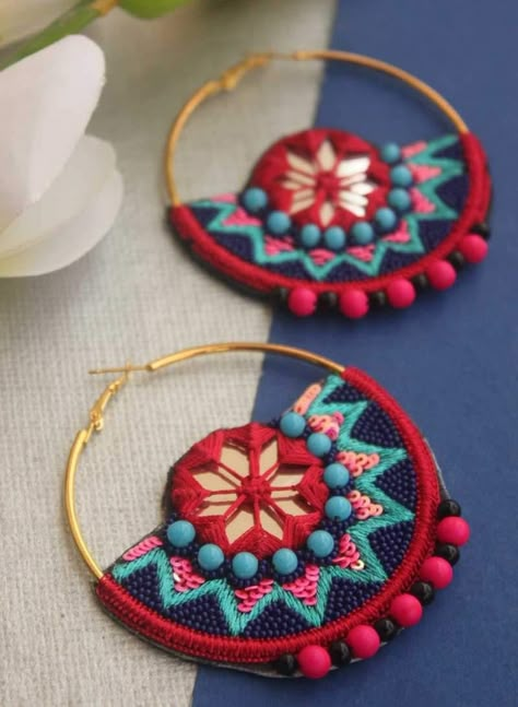 Earrings For Navratri, Embroidered Jewelry Handmade, Embroidery Earrings Handmade Jewelry, Cloth Jewellery Handmade, Earrings Embroidery, Anting Manik, Hand Embroidered Jewelry, Embroidery Earrings, Textile Earrings