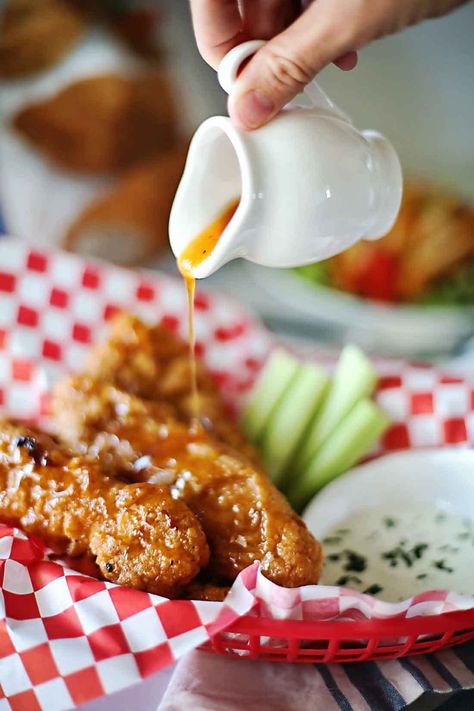 Best ever Sticky Fingers chicken tenders with sweet heat sticky sauce by Flirting with Flavor! Sweet Heat Sauce Recipe, Sweet Heat Sauce, Homemade Chicken Tenders, Sticky Sauce, Crunchy Chicken, Hot Chili Sauce, Butter Honey, Sweet Dips, Honey Sauce