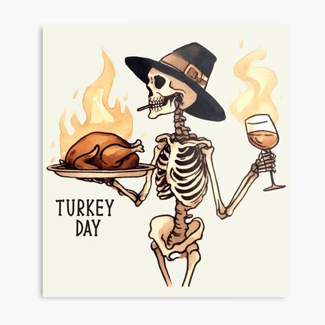 Get my art printed on awesome products. Support me at Redbubble #RBandME: https://www.redbubble.com/i/metal-print/Skeleton-Turkey-Day-Thanksgiving-by-CreepyCornerArt/154817350.0JXQP?asc=u Skeleton Thanksgiving, Thanksgiving Poster, Cool Skeleton, Skeleton Drawings, Pilgrim Hat, Roast Turkey, Christmas Decals, Thanksgiving Design, Adult Coloring Book Pages