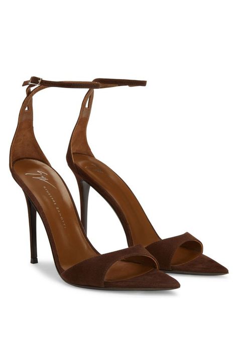 Find GIUSEPPE ZANOTTI Intriigo Strap 105 on Editorialist. Suede pointed open-toe sandals with a strap and stiletto heel. Brown suedeBrown suede crossover back strap with silver metal buckle105 mm heelHeel covered in brown suedeBrown leather sole with logo Origin Italy Color Brown More Less Brown Heels Sandals, Brown Designer Heels, Jazz Club New York, Night Life Party, Brown Sandals Heels, Brown High Heels, Brown Suede Heels, Chic Shoes, Open Toed Heels