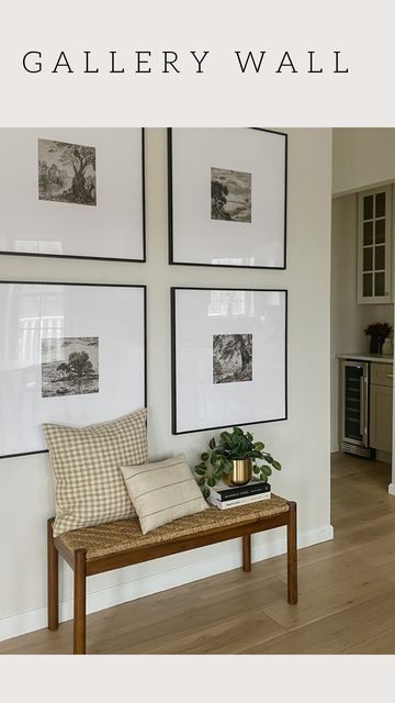 Wall Art Above Entry Bench, Studio Mcgee Picture Frames, Wall Decor Above Bench, Bench Under Gallery Wall, Large Frames Above Couch, Living Room Decor Beige Sofa, Styling Bench, Studio Mcgee Wall Art, Gallery Wall Above Couch